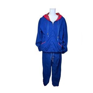 Vintage 80’s Navy Blue with Red Trim Track Suit Jacket Pants Women’s Size Medium
